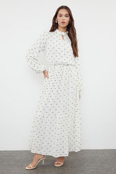 Trendyol Modest Zöld virágmintás ekrü sifon ruha - bélelt, szőtt, TCTSS24EB00145