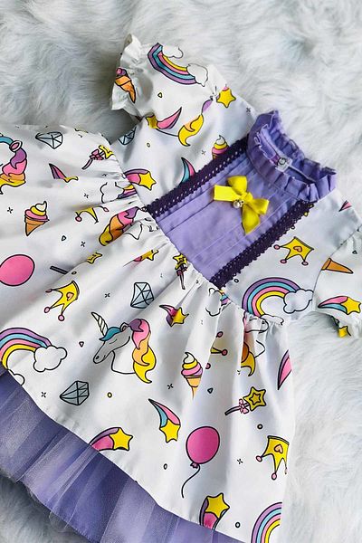 Bertuğ Bebek Fusta din tul cu model unicorn, căptușită liliac, rochie de designer pentru fetiță
