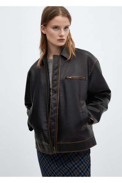 MANGO Woman Eskitilmiş deri görünümlü ceket
