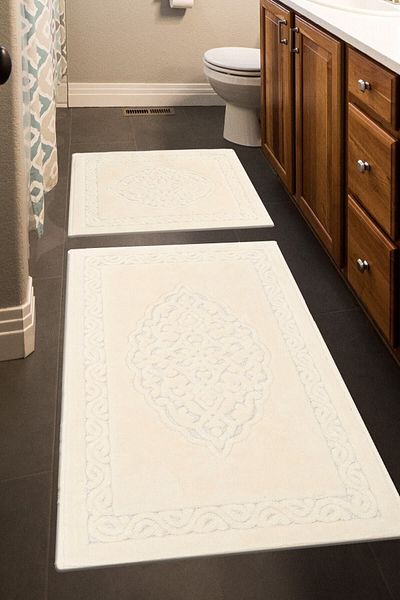 Madame Clean Home Σετ 2 βαμβακερών καθισμάτων τουαλέτας Lotus, Σετ πατάκι μπάνιου κρέμα
