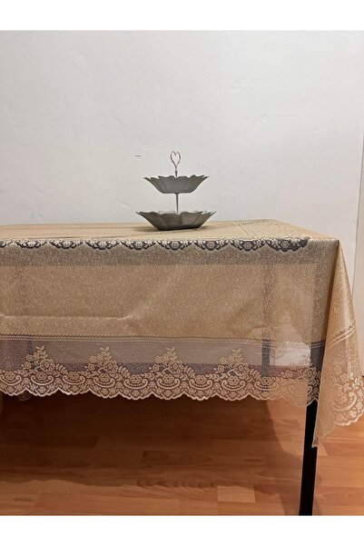 Madame Clean Home Çini Desenli Dertsiz Leke Tutmaz Dantelli Masa Örtüsü Sütlü Kahve 160x220 Cm