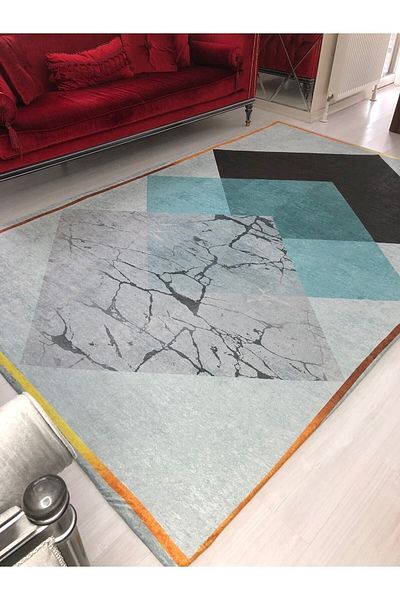 Madame Clean Home Νέο μοτίβο Τυρκουάζ Πυραμίδα Μοντέλο Βελούδινο Κάλυμμα Χαλιού