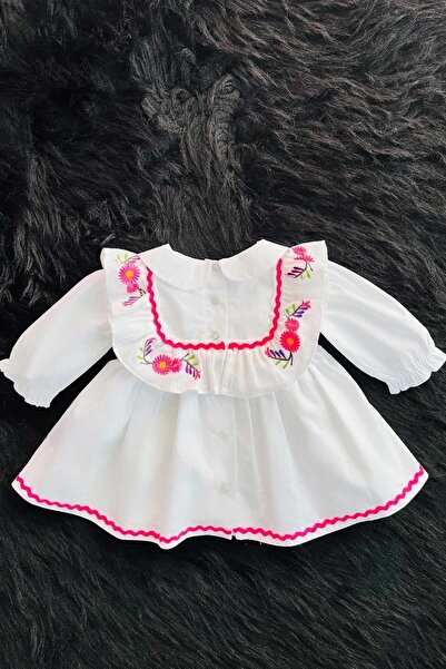 Bertuğ Bebek Nakış Ve Su Taşı Detaylı Beyaz Poplin Pamuklu Kız Çocuk Bebek Mevlüt Elbise