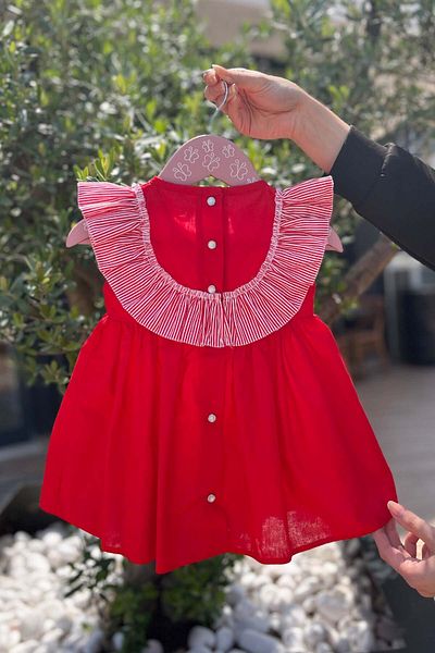 Bertuğ Bebek Red Striped Ruffle Sleeveless Cotton Baby Girl Dress