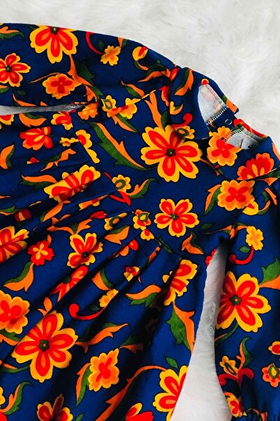 Bertuğ Bebek Bebe Yaka Çiçekli Mavi Pazen Kız Çocuk Bebek Elbise