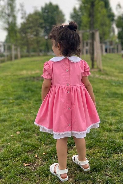 Bertuğ Bebek Rochie pentru fetiță din popelin roz cu guler pentru bebeluși cu dantelă