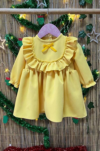 Bertuğ Bebek Fırfırlı Sarı Krep Kız Çocuk Bebek Doğum Günü Özel Gün Güneş Elbise