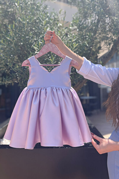 Bertuğ Bebek Askılı Kalp Yaka Lila Kız Çocuk Bebek Saten Abiye Elbise