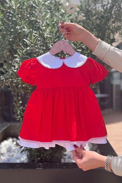 Bertuğ Bebek Red Poplin - Girl's Holiday Dress with Baby Collar and Lace Detail