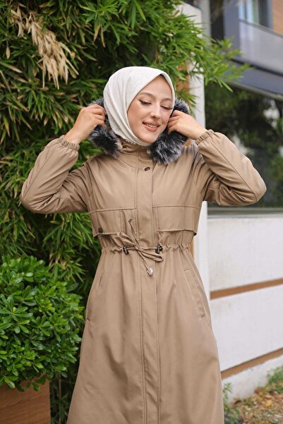 Vibeys Collection Μπεζ Γούνινο Εσωτερικό και Αδιάβροχο Γυναικείο Χειμερινό Παλτό & Παλτό