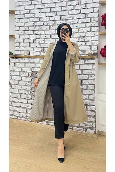Vibeys Collection Beige Striped Inside and Self Lined Waterproof Women's Trench Coat