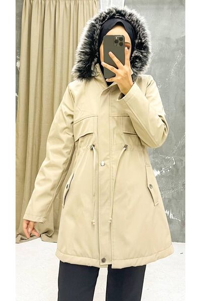Marjinal City Κρεμ γούνινο εσωτερικό και αδιάβροχο γυναικείο χειμωνιάτικο παλτό & παλτό