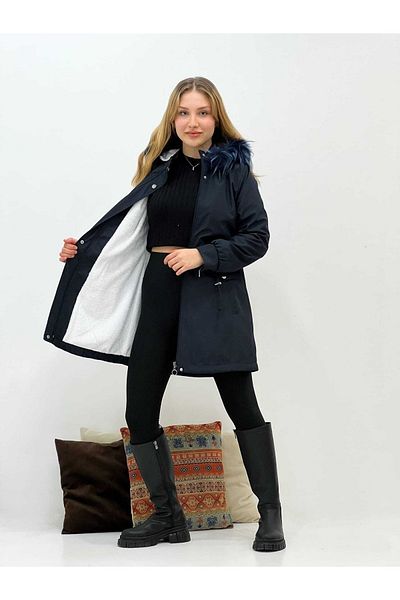 Vibeys Collection Palton și palton de iarnă pentru femei, căptușit cu blană albastru bleumarin și impermeabil