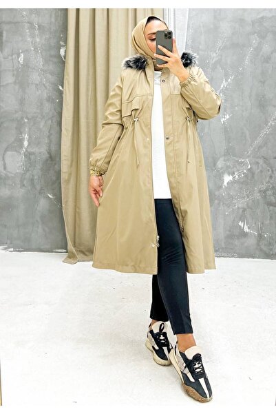 Vibeys Collection Μπεζ Γούνινο Εσωτερικό και Αδιάβροχο Γυναικείο Χειμερινό Παλτό & Παλτό