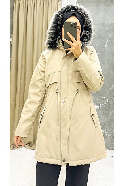 Vibeys Collection Κρεμ γούνινο εσωτερικό και αδιάβροχο γυναικείο χειμωνιάτικο παλτό & παλτό