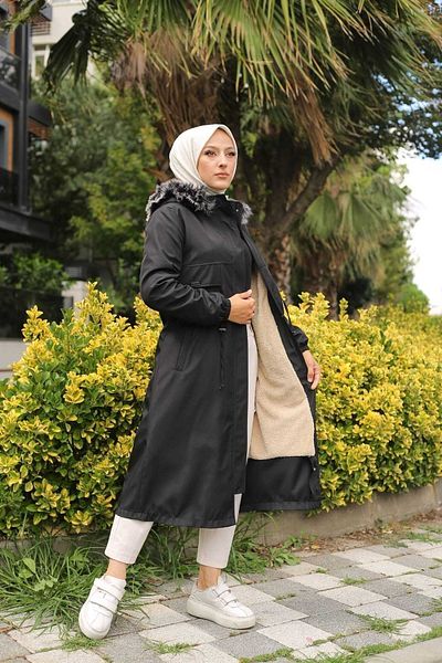 Marjinal City Black Fur Lined and Waterproof Large Size Oversize Women's Winter Coat & Coat