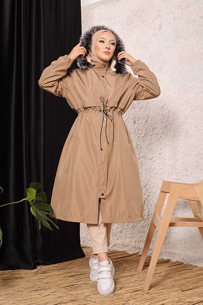 Marjinal City Beige Fur Lined and Waterproof Large Size Oversize Women's Winter Coat & Coat