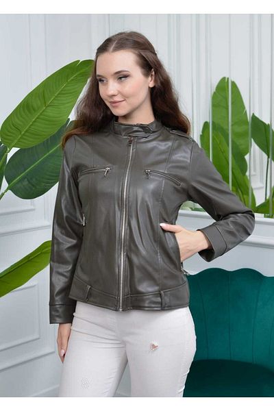 Vibeys Collection Jachetă din piele artificială pentru femei, cu umăr kaki, cu epoleți cu fermoar