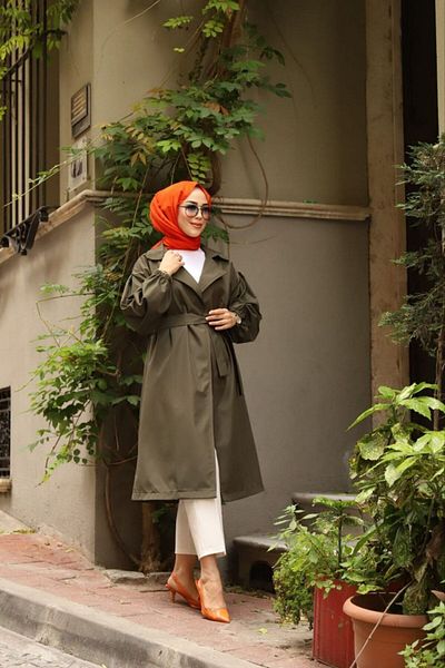 Vibeys Moda Χακί ριγέ μπαλόνι μανίκι γυναικεία καμπαρντίνα