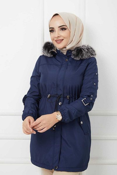 Vibeys Collection Γυναικείο χειμωνιάτικο παλτό και παλτό με γούνινο και αδιάβροχο μπλε Navy