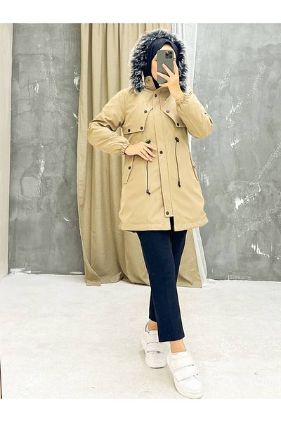 Marjinal City Beige Fur Lined and Waterproof Women's Winter Coat & Coat