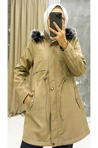 Vibeys Collection Beige Fur Lined and Waterproof Women's Winter Coat & Coat