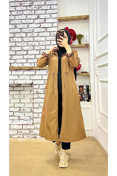 Marjinal City Tan Leopard Patterned and Self Lined Waterproof Women's Trench Coat