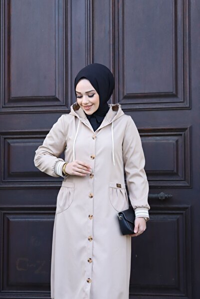 Vibeys Collection Γυναικεία καμπαρντίνα με κρεμ κουκούλα και κουμπιά αδιάβροχη ριμπ