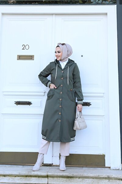 Vibeys Collection Χακί γυναικεία καμπαρντίνα με κουκούλα και κουμπιά αδιάβροχη ριμπ