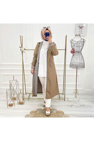 Marjinal City Beige Striped Inside and Self Lined Waterproof Women's Trench Coat