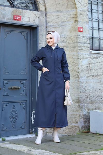Vibeys Collection Γυναικεία μακρυά καμπαρντίνα Navy Blue ριγέ με μπροστινή τσέπη και αδιάβροχη επένδυση