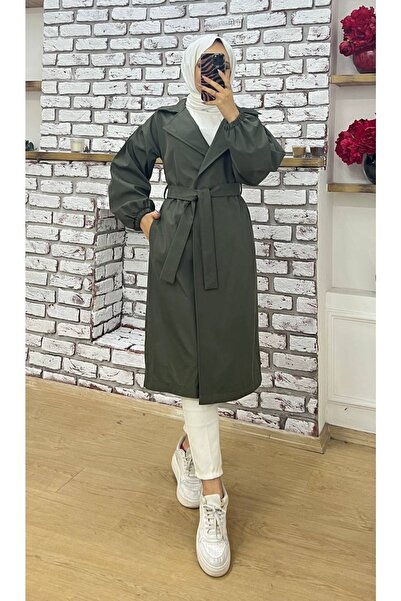 Marjinal City Haki Kruvaze Yaka Belden Bağlamalı Balon Kol Trençkot
