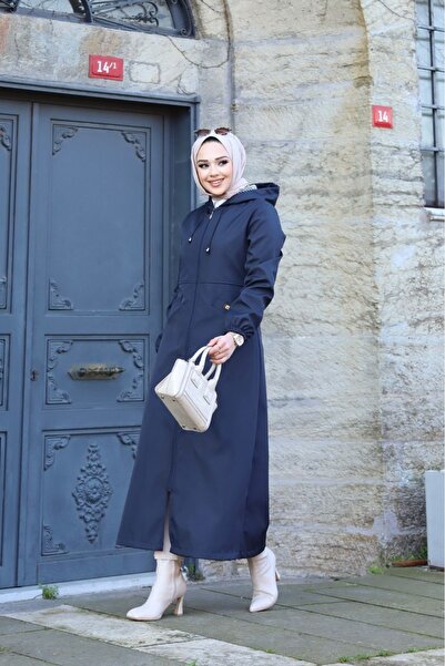 Marjinal City Lacivert İçi Çizgili Önü Cepli Ve Kendinden Astarlı Su Geçirmez Kadın Uzun Trençkot