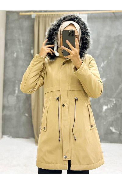 Vibeys Collection Mustard Fur Lined and Waterproof Women's Winter Coat & Coat