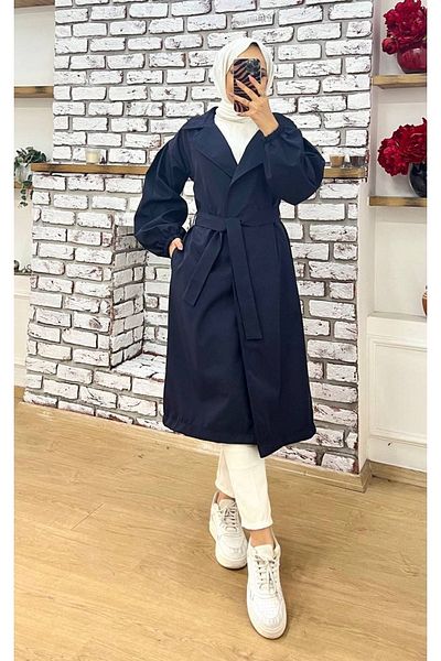 Vibeys Collection Navy Blue Double-breasted Collar Waist-tied Balloon Sleeve Trench Coat