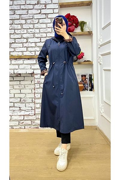 Marjinal City Navy Blue Leopard Patterned and Self Lined Waterproof Women's Trench Coat