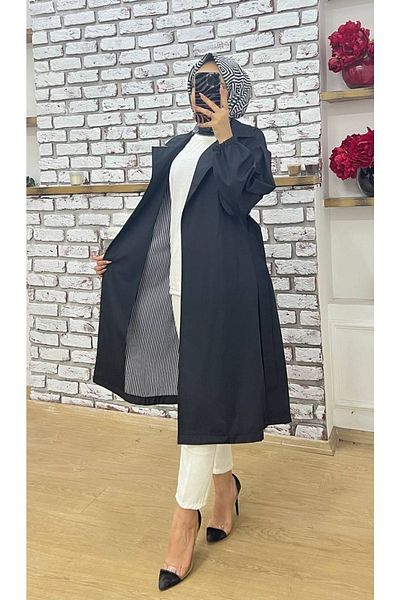 Vibeys Collection Black Double-breasted Collar Waist-tied Balloon Sleeve Trench Coat