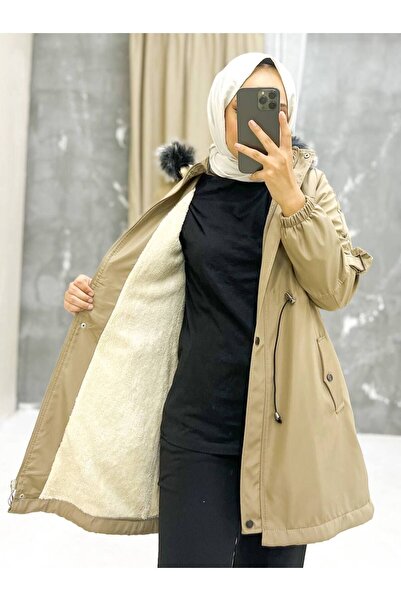 Marjinal City Μπεζ Γούνινο Εσωτερικό και Αδιάβροχο Γυναικείο Χειμερινό Παλτό & Παλτό