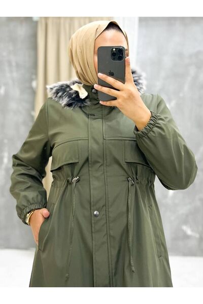 Marjinal City Khaki Fur Lined and Waterproof Large Size Oversize Women's Winter Coat & Coat