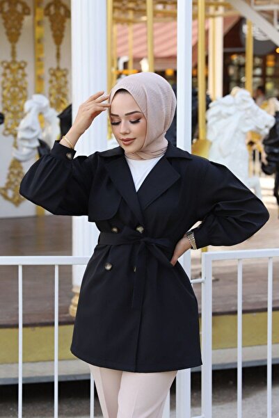 Vibeys Moda Siyah Önü Düğme Detaylı Kruvaze Yaka Su Geçirmez Kadın Trençkot