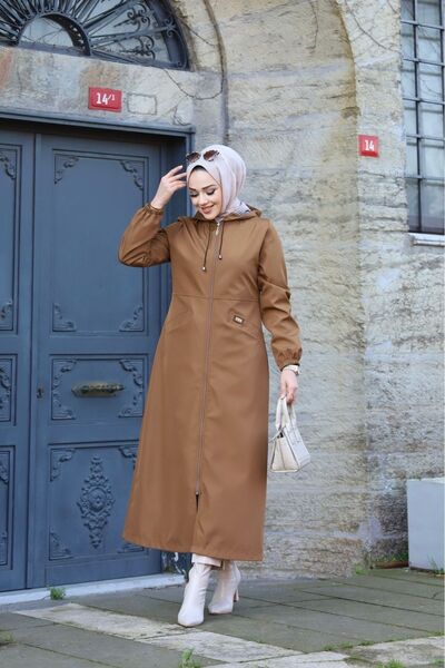 Marjinal City Taba İçi Çizgili Önü Cepli Ve Kendinden Astarlı Su Geçirmez Kadın Uzun Trençkot