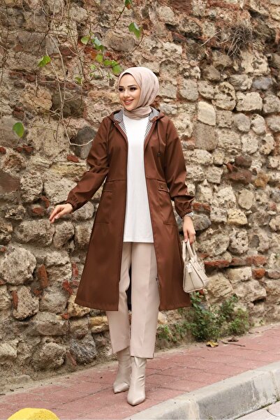 Marjinal City Kahverengi İçi Çizgili Ve Kapüşonlu Su Geçirmez Kadın Trençkot