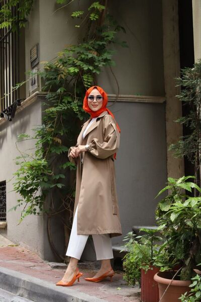 Vibeys Moda Bej İçi Çizgili Balon Kol Kadın Trençkot