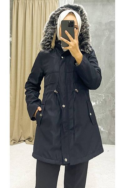 Vibeys Collection Palton și haină de iarnă pentru femei, căptușită cu blană albastru bleumarin și impermeabilă