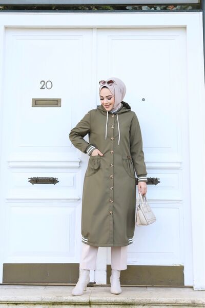 Marjinal City Χακί γυναικεία καμπαρντίνα με κουκούλα και κουμπιά αδιάβροχη ριμπ