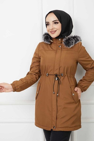 Vibeys Collection Tan Furry And Waterproof Γυναικείο Χειμερινό Παλτό & Παλτό