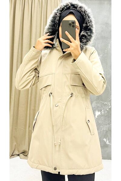 Marjinal City Κρεμ γούνινο εσωτερικό και αδιάβροχο γυναικείο χειμωνιάτικο παλτό & παλτό