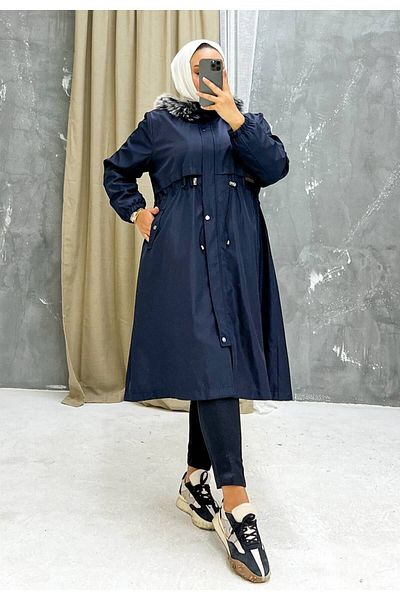 Marjinal City Navy Blue Fur Lined and Waterproof Large Size Oversize Women's Winter Coat & Coat