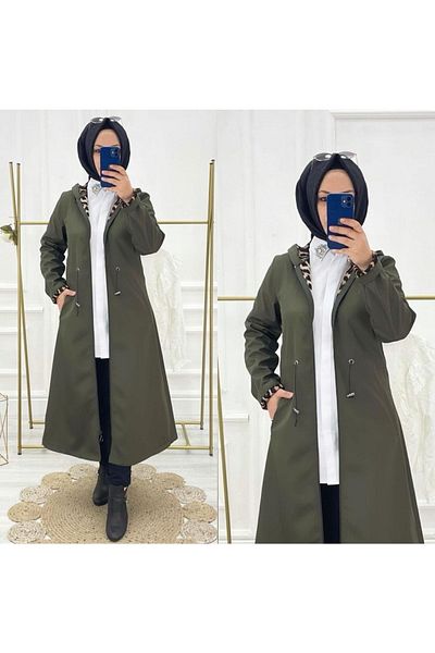 Vibeys Collection Khaki Leopard Patterned and Self Lined Waterproof Women's Trench Coat
