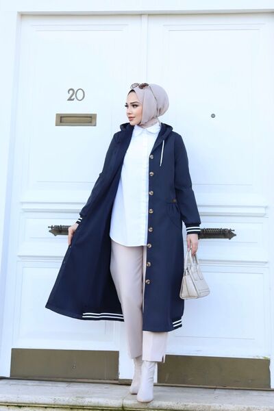 Vibeys Collection Синій жіночий тренч з капюшоном і ґудзиками, водонепроникний, з рибанелем